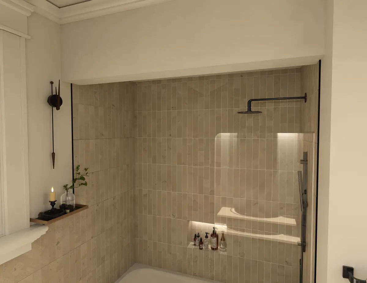 3D visualisation of a tiled shower and vanity designed for a Greater Victoria home