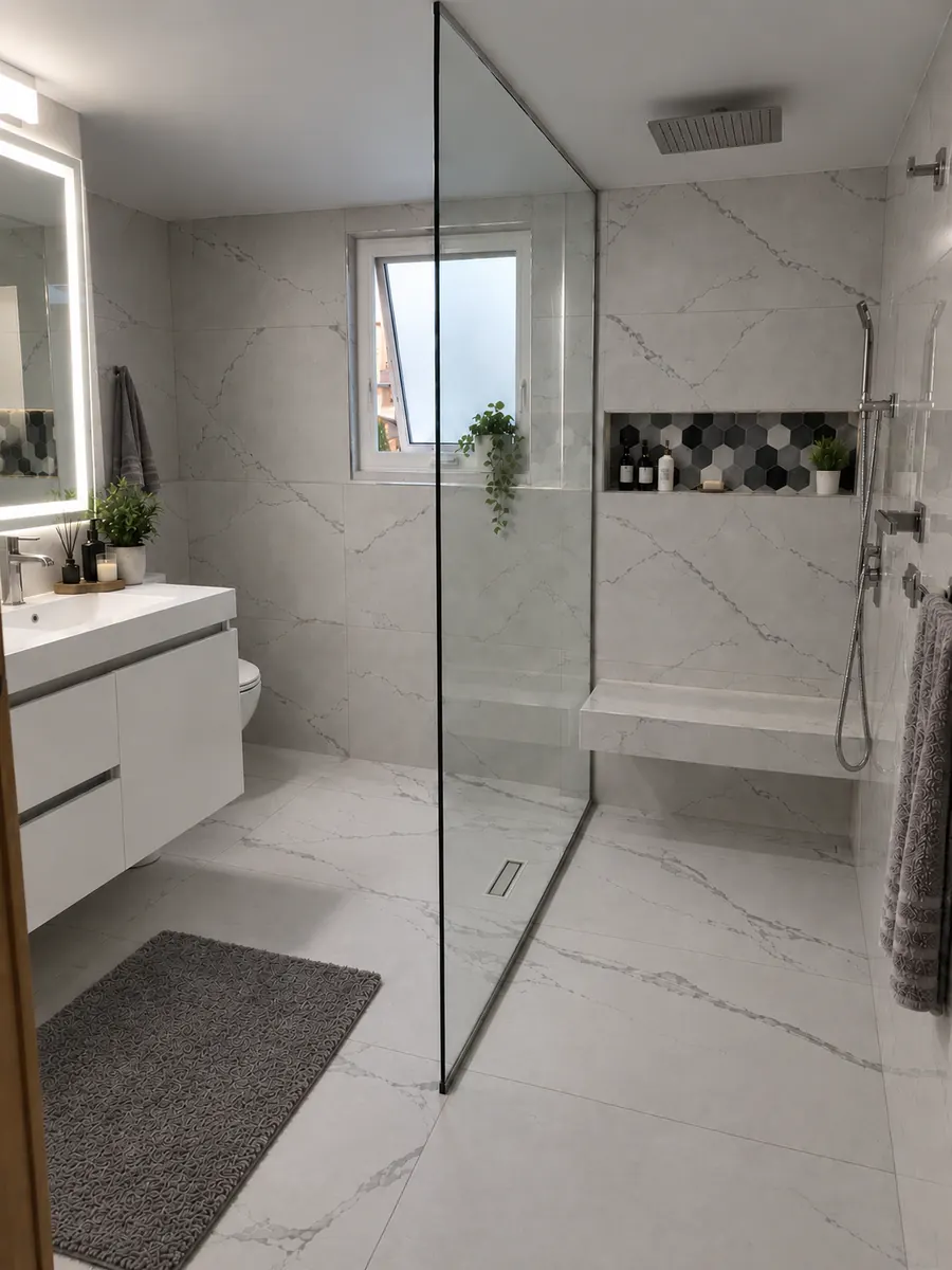 Finished bathroom in large-format marble-look porcelain, curbless walk-in shower with floating bench and hexagon mosaic niche, Greater Victoria BC