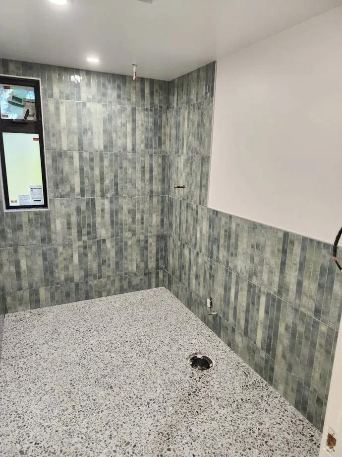 Green tile & terrazzo floor