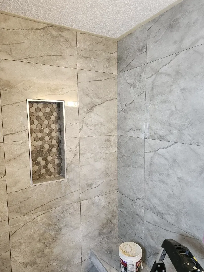 Grey marble-look walk-in shower